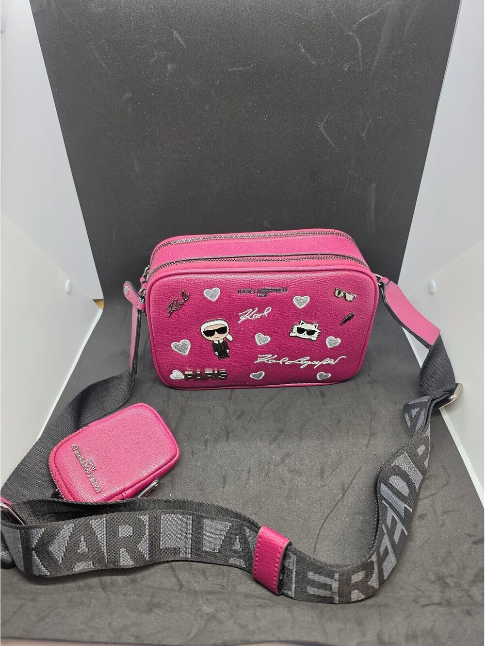 Karl Lagerfeld Fuchsia Crossbody Bag with decor Charms & Adjustable Strap *NEW*